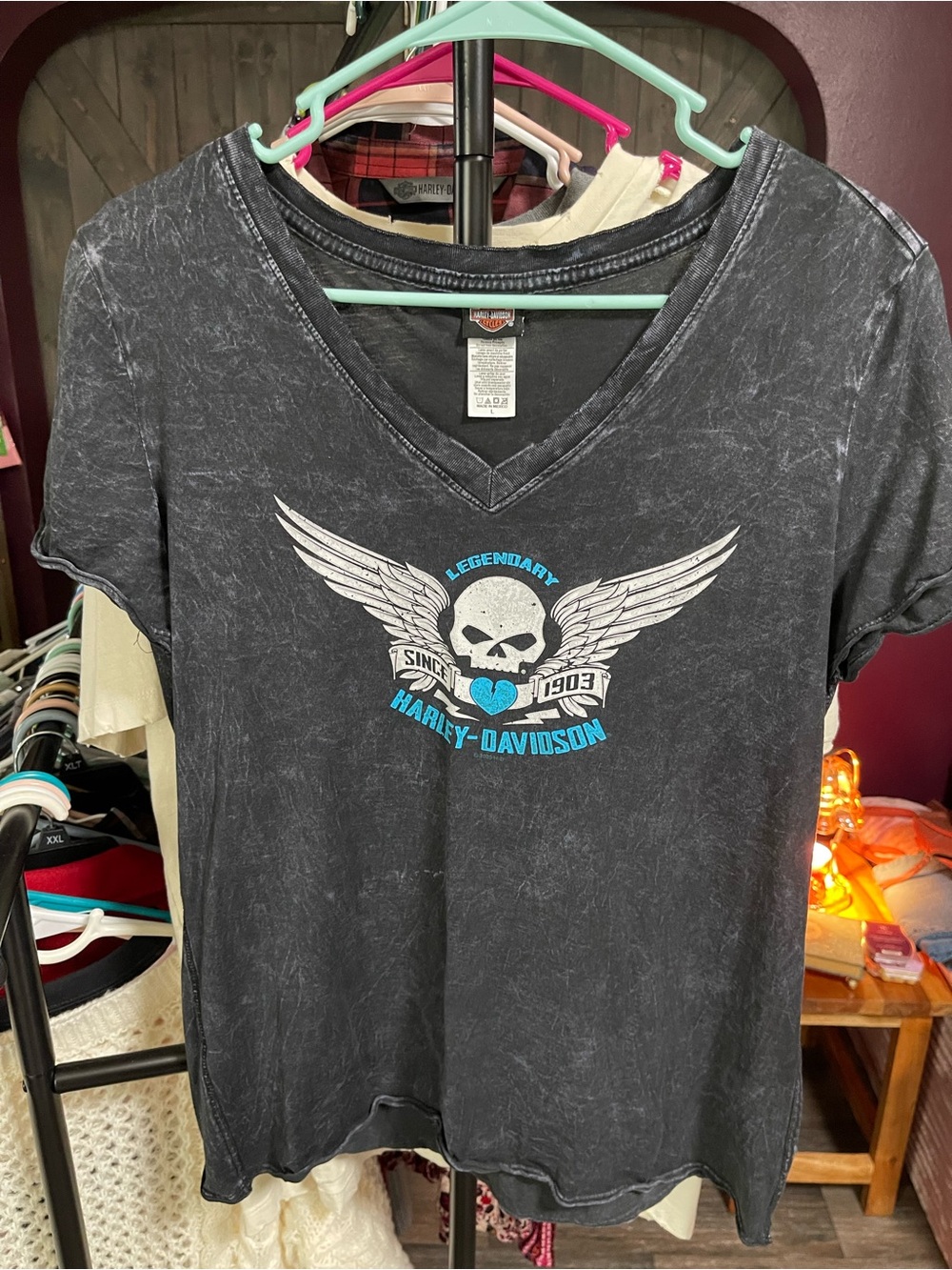 Harley-Davidson Black V-Neck Winged Skull Tee with Teal Accents